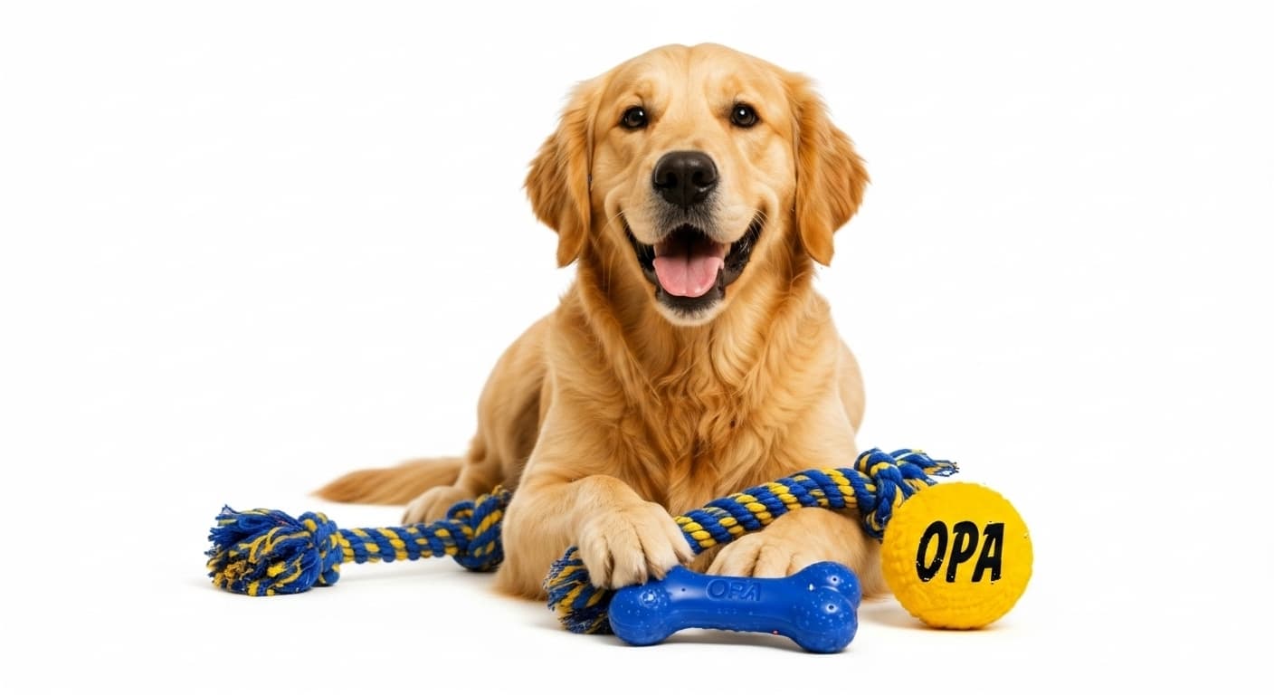 Hond met OPA-speeltjes